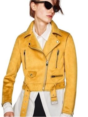 ZARA Faux Suede Moto Jacket in Mustard Yellow size M